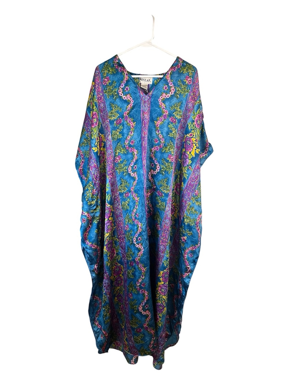 Vintage 80s Winlar Satin Mrs Roper Style Blue Floral Caftan Dress